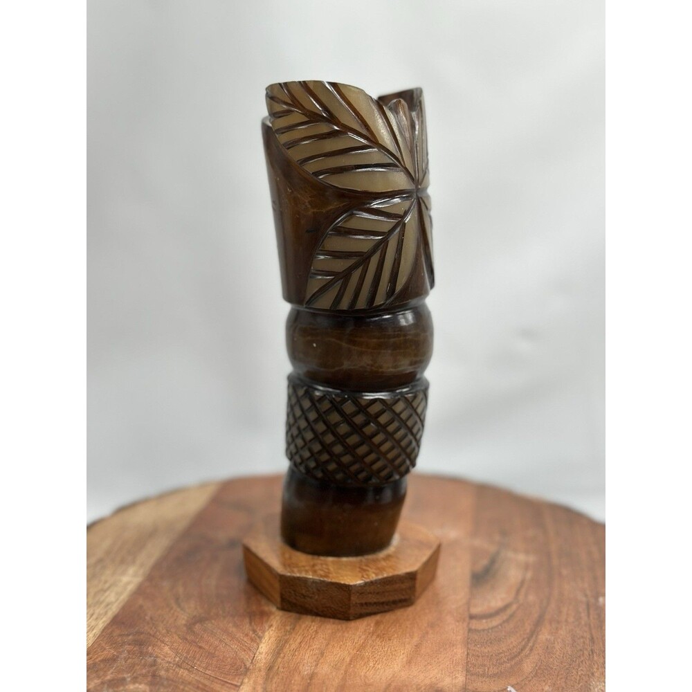 Tiki Horn Hand Carved Hand Painted Vase Folk Art Tribal Native